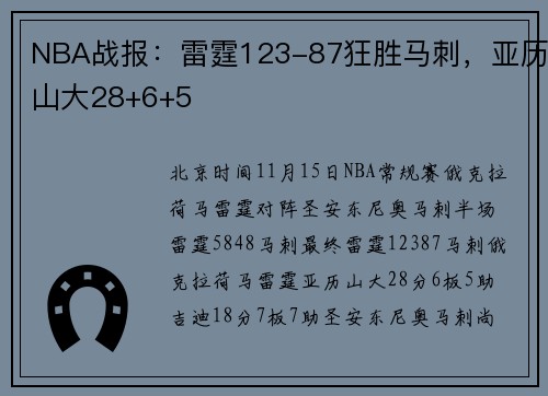 NBA战报：雷霆123-87狂胜马刺，亚历山大28+6+5